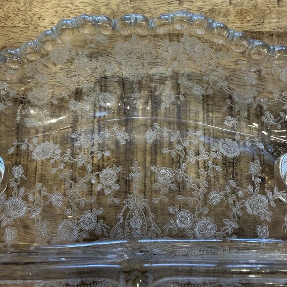 Vintage Cambridge Rose Etched Glass Relish Dish 3 Section Footed Tray Handles - Picture 2 of 7